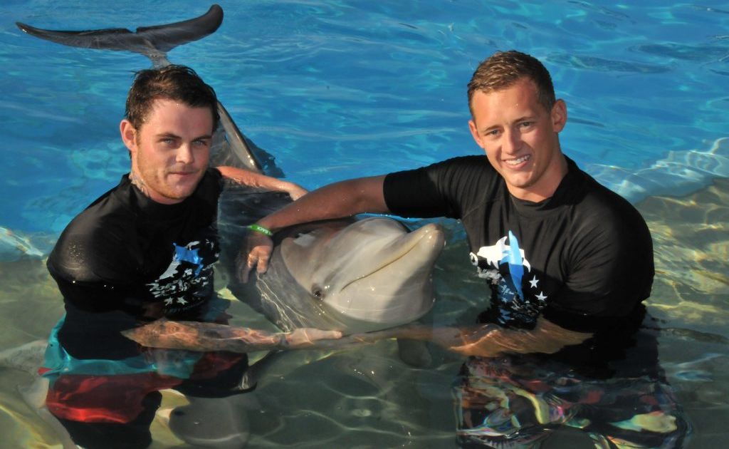 Bondi Rescue Lifeguards Trent “Maxi” Maxwell and Jesse Pollock were charmed by the ‘locals’ at Dolphin Marine Magic. Bondi Rescue Lifeguards Trent “Maxi” Maxwell and Jesse Pollock were charmed by the ‘locals’ at Dolphin Marine Magic.